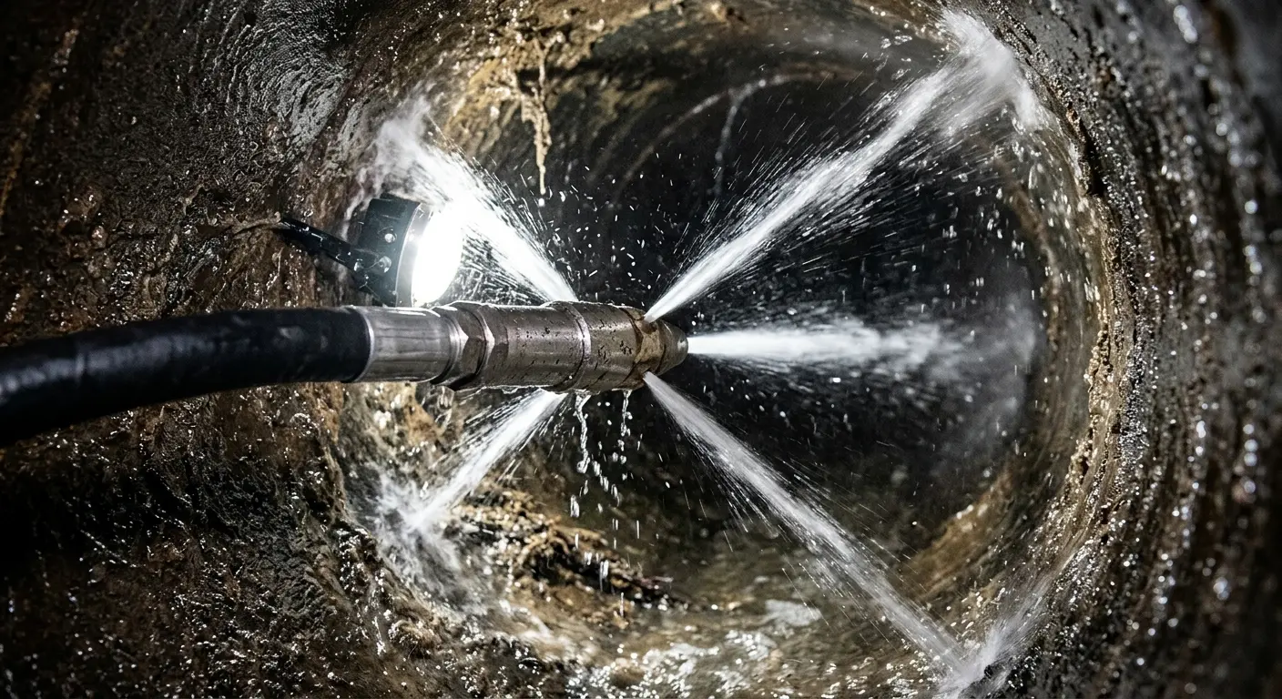 High-pressure hydro jetting nozzle cleaning sewer pipe for Trenchless Sewer Repair in Little Silver