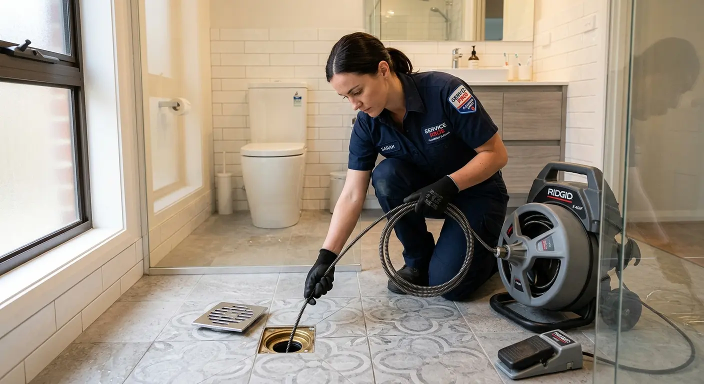 Technician clearing a bathroom floor drain for Sewer Line Replacement in Little Silver
